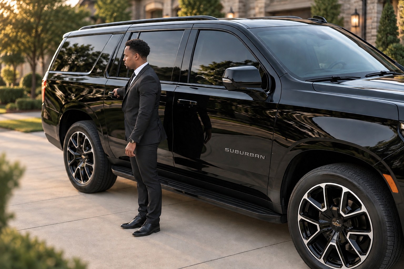 NoirRide chauffeur standing beside a black Chevrolet Suburban, prepared for a private pickup in Dallas–Fort Worth