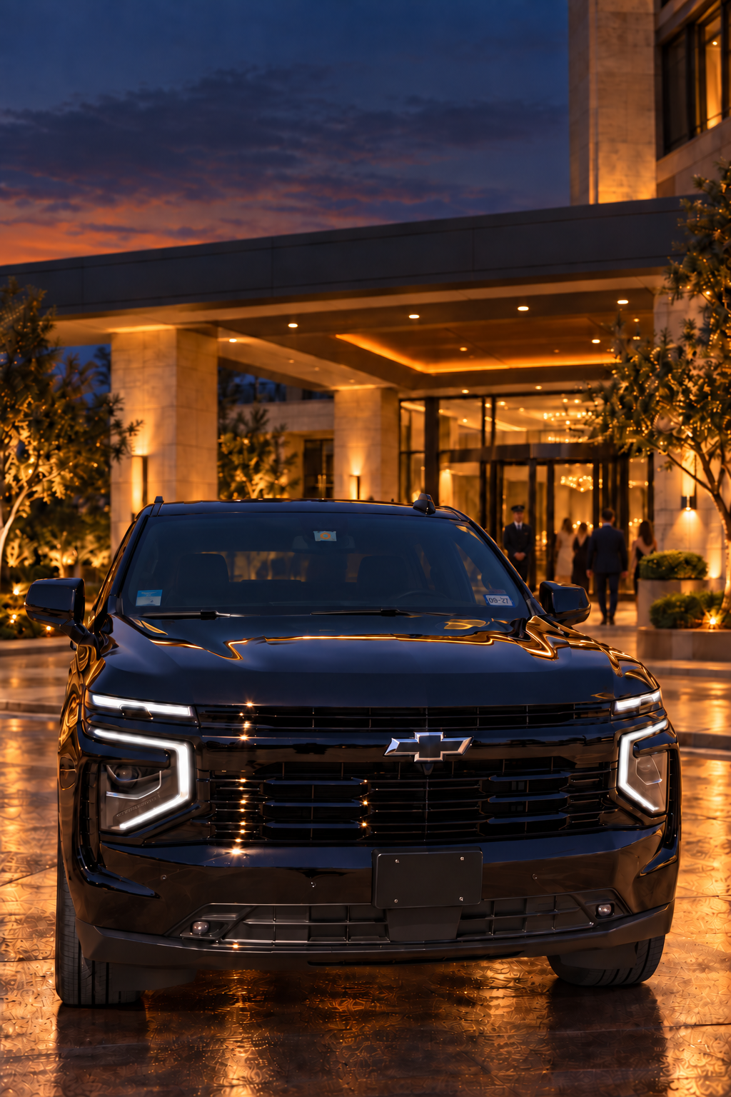 A premium black NoirRide vehicle, front-facing, at the entrance of a premium property