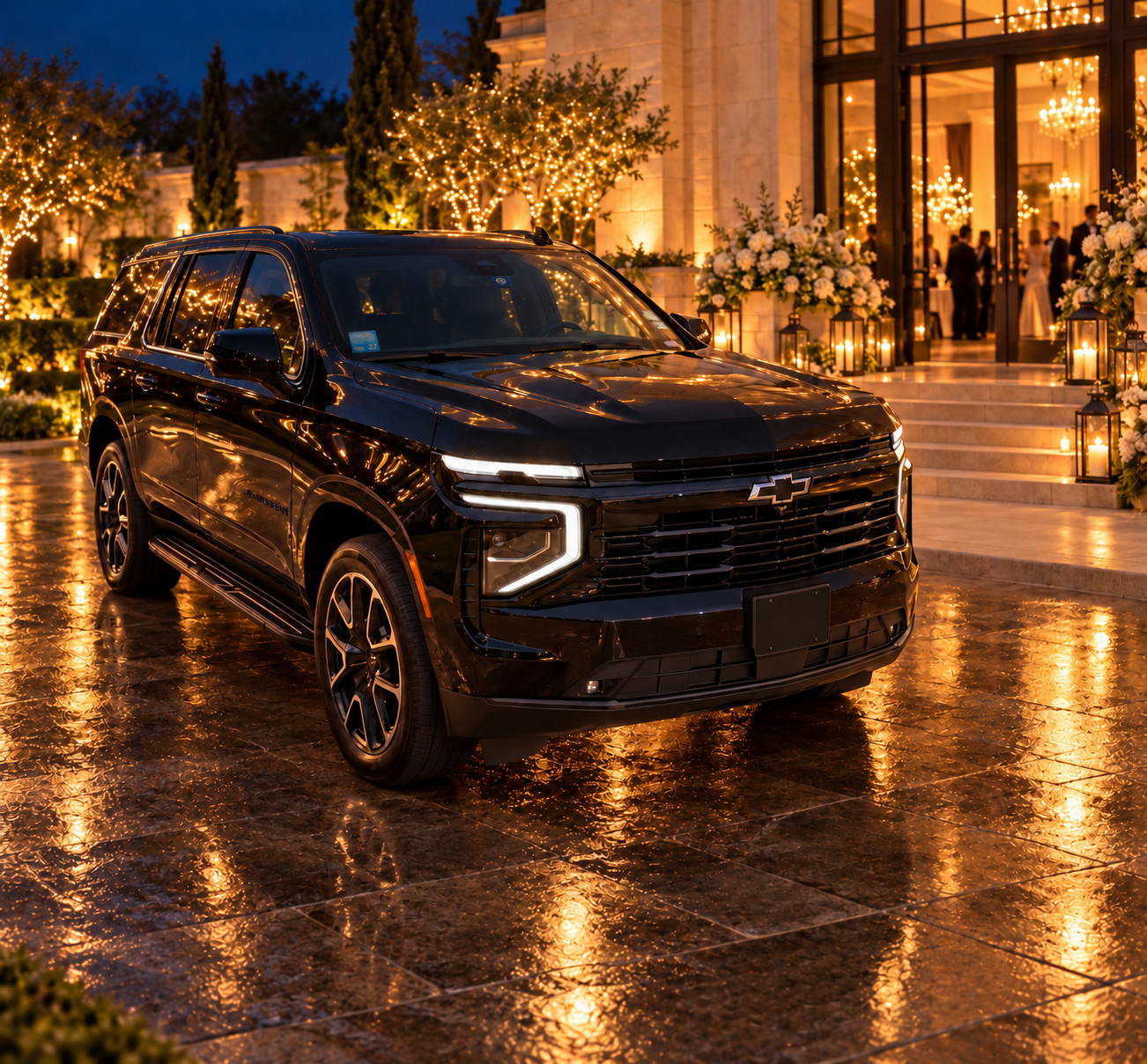 NoirRide black Chevrolet Suburban at a warmly lit venue entrance with floral arrangements