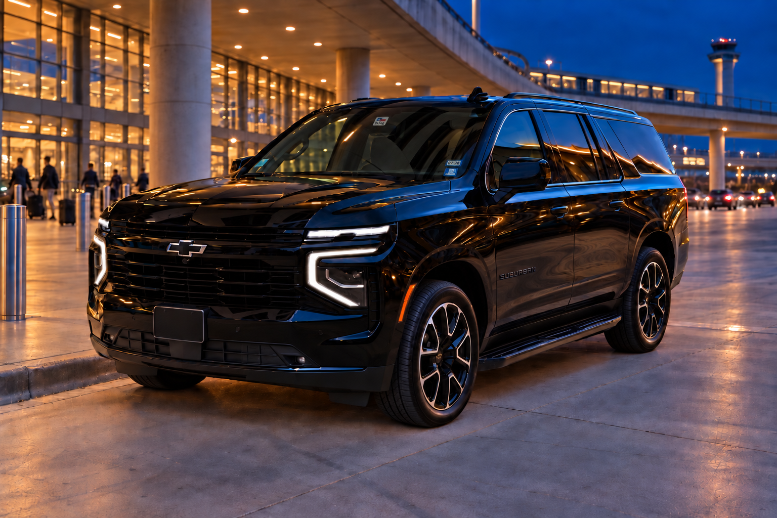 A premium black NoirRide vehicle waiting curbside at an airport terminal
