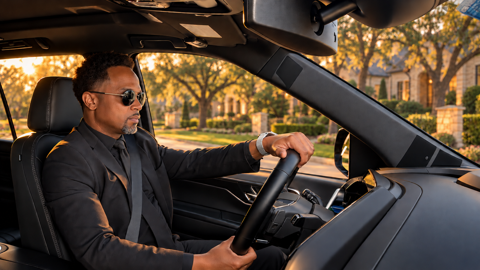 A NoirRide chauffeur in a suit and tie inside the vehicle