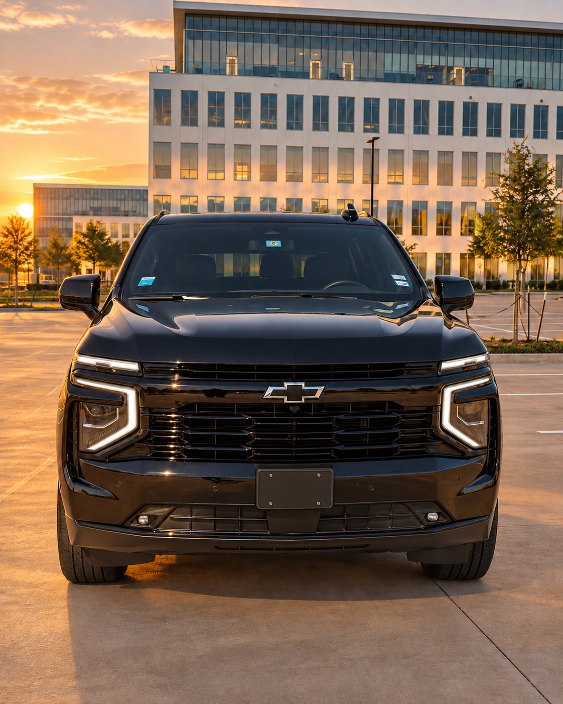 NoirRide black Chevrolet Suburban exterior at golden hour