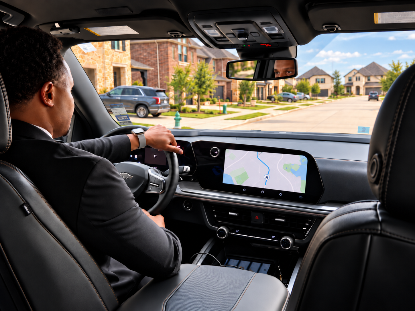 Interior view of a NoirRide chauffeur driving a premium black vehicle