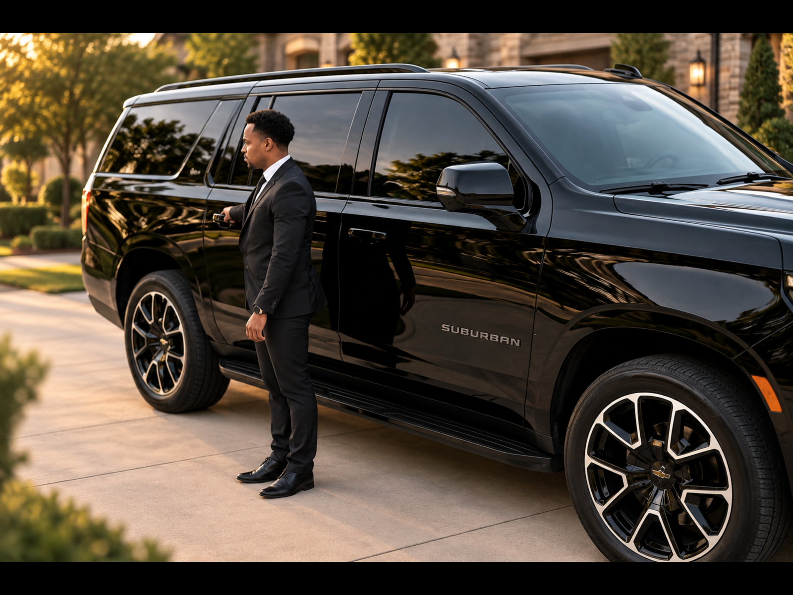NoirRide founder and chauffeur Mallory beside a premium black vehicle