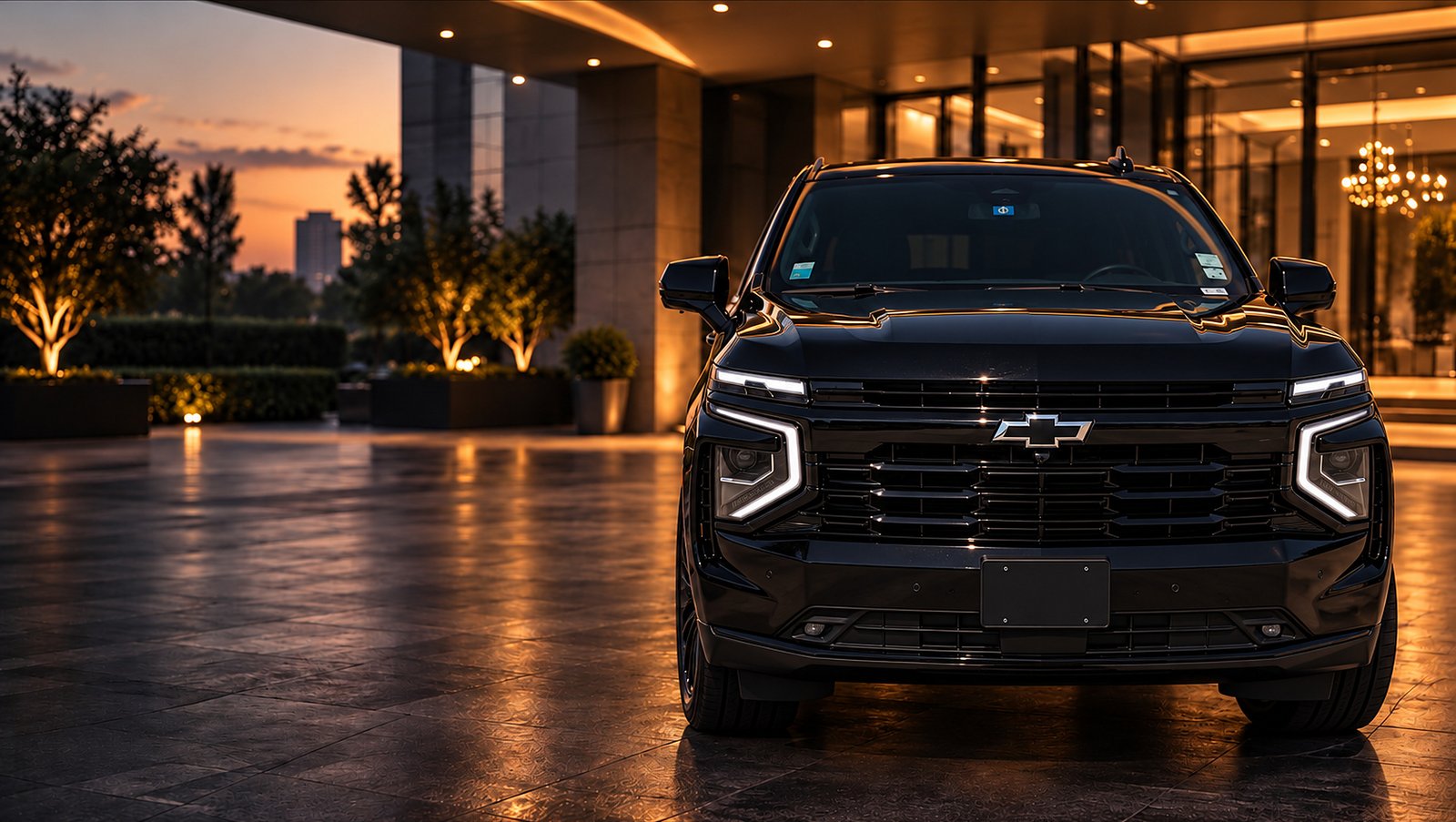 A premium black NoirRide vehicle waiting at a lit hotel entrance at sunset